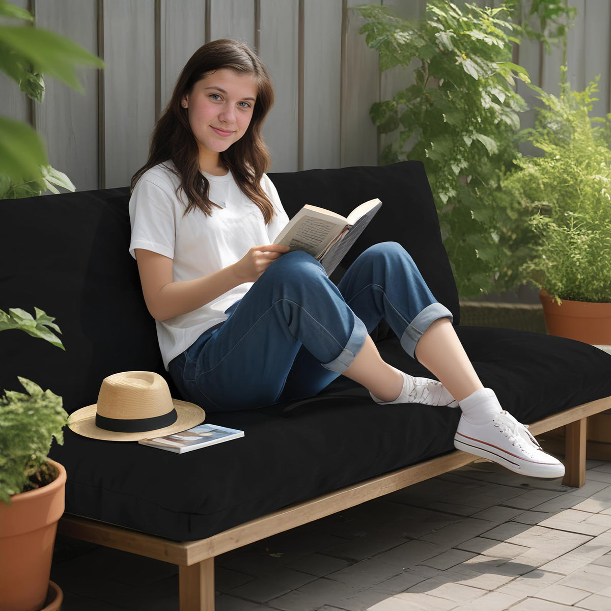 PRIMEPATIO outdoor cushion installed with attached ties on a chair.