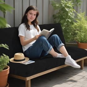 PRIMEPATIO outdoor cushion installed with attached ties on a chair.