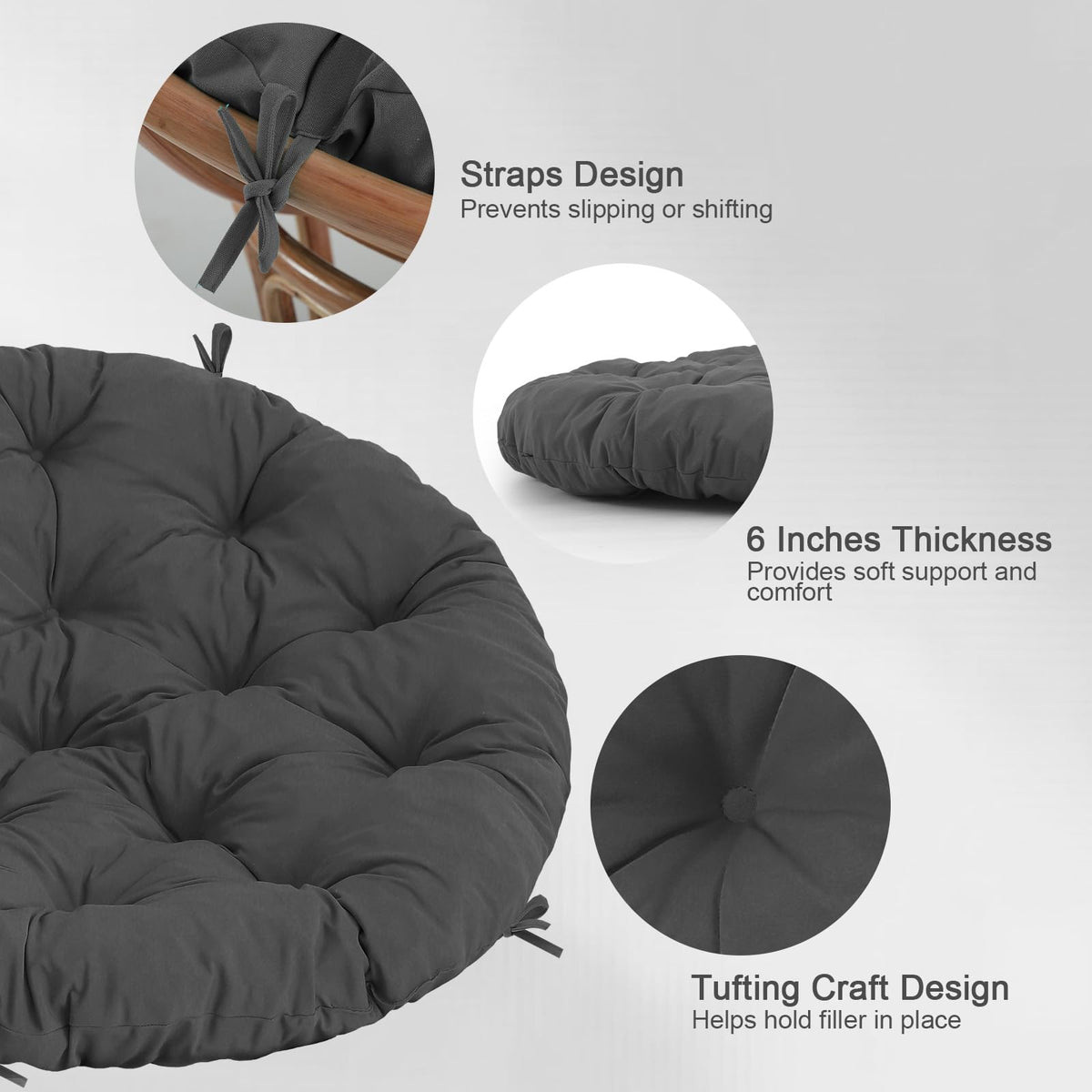 PrimePATIO Papasan cushion care: easy spot cleaning and quick reshaping.