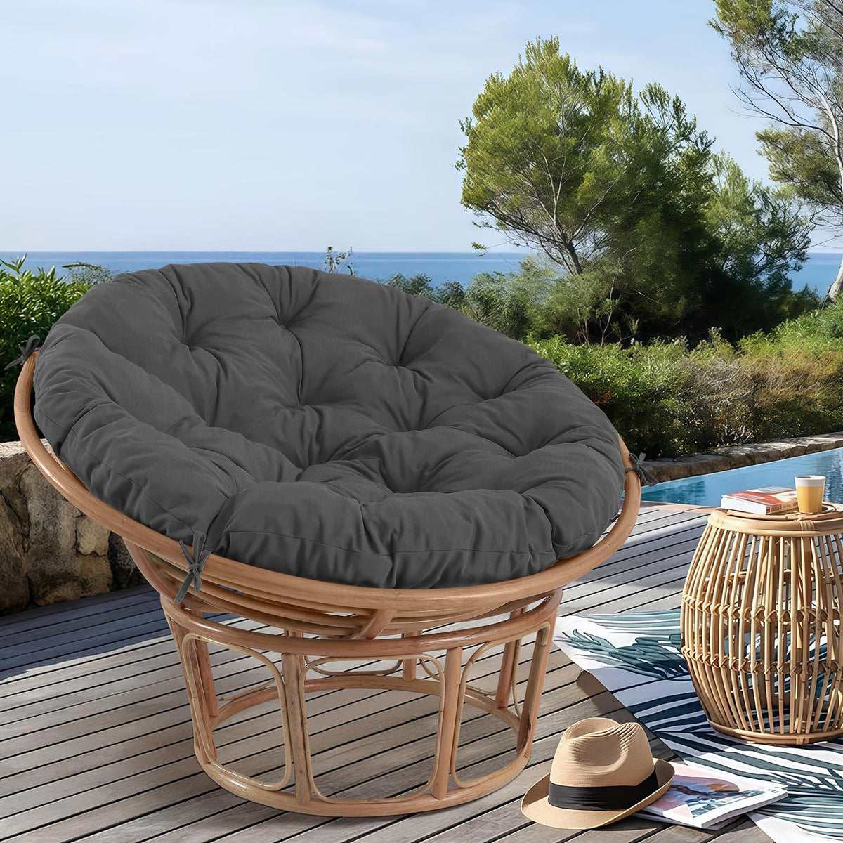 PrimePATIO Papasan cushion waterproof fabric protects against moisture during outdoor use.