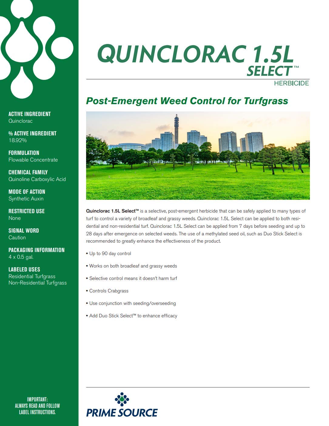 Primesource Quinclorac Select bottle label with lawn usage directions.