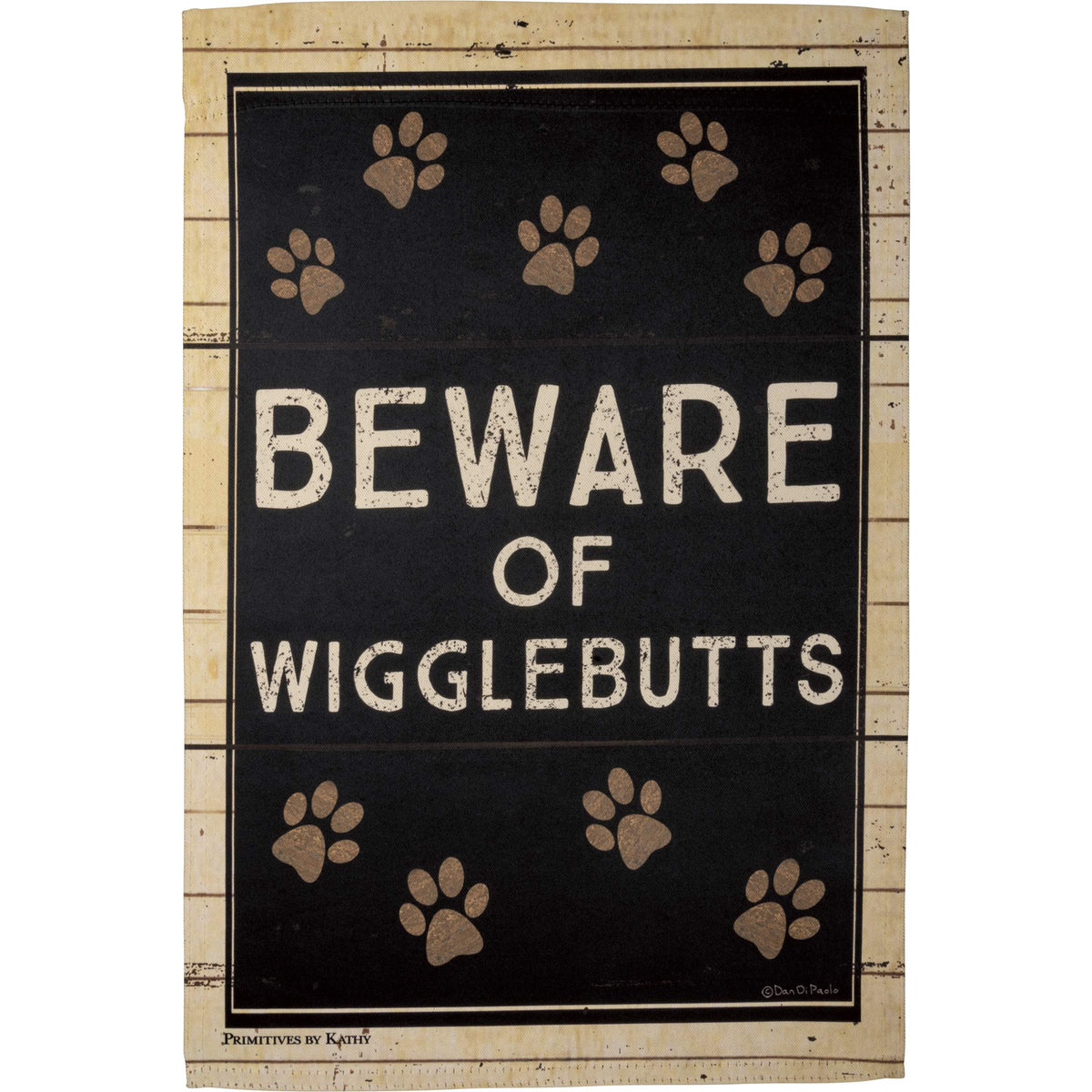 Primitives by Kathy Beware of Wigglebutts garden flag, back view, festive pawprint motif boosts curb appeal.