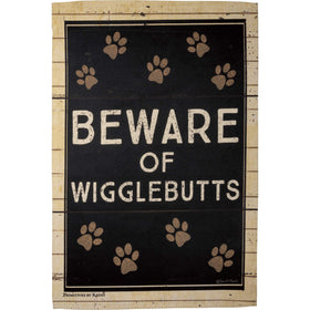 Primitives by Kathy Beware of Wigglebutts garden flag, back view, festive pawprint motif boosts curb appeal.