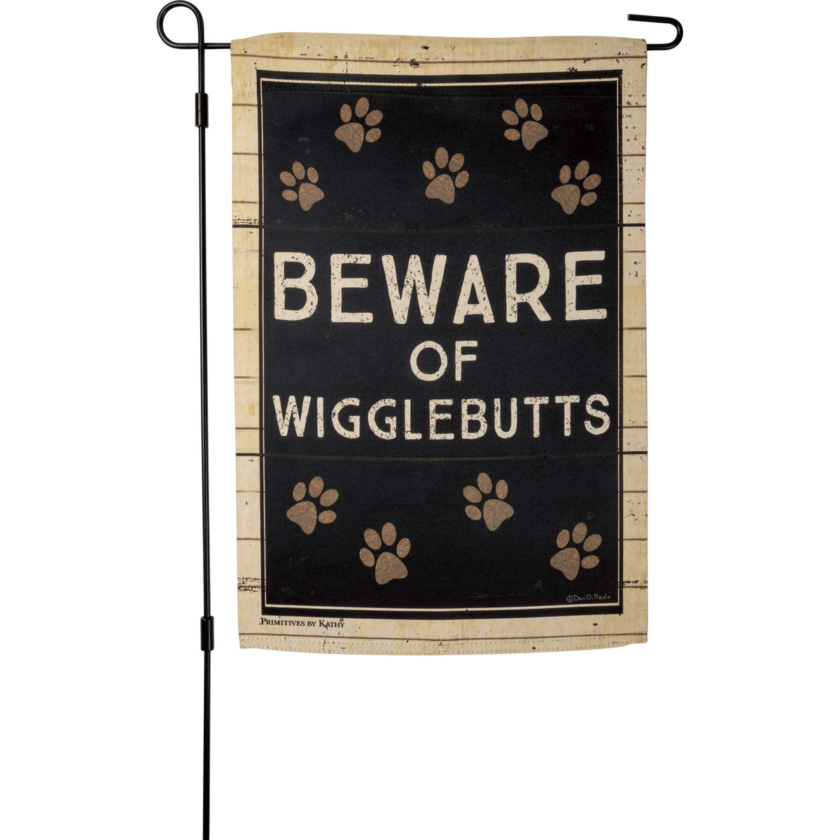 Primitives by Kathy Beware of Wigglebutts garden flag, front view, durable outdoor decor for porches.