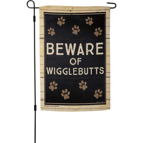 Primitives by Kathy Beware of Wigglebutts garden flag, front view, durable outdoor decor for porches.