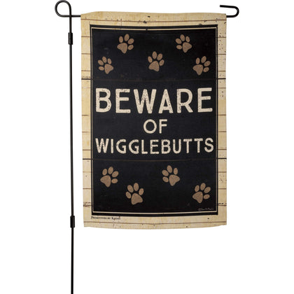 Primitives by Kathy Beware of Wigglebutts garden flag, front view, durable outdoor decor for porches.