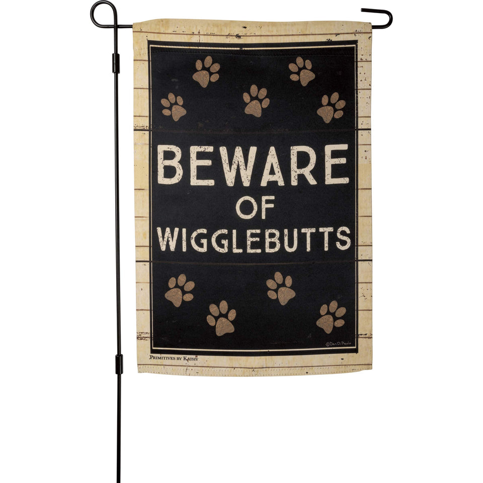 Primitives by Kathy Beware of Wigglebutts garden flag, front view, durable outdoor decor for porches.
