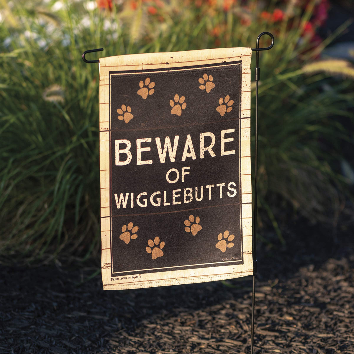 Primitives by Kathy Beware of Wigglebutts garden flag, pawprints closeup, double-sided design and rustic charm.
