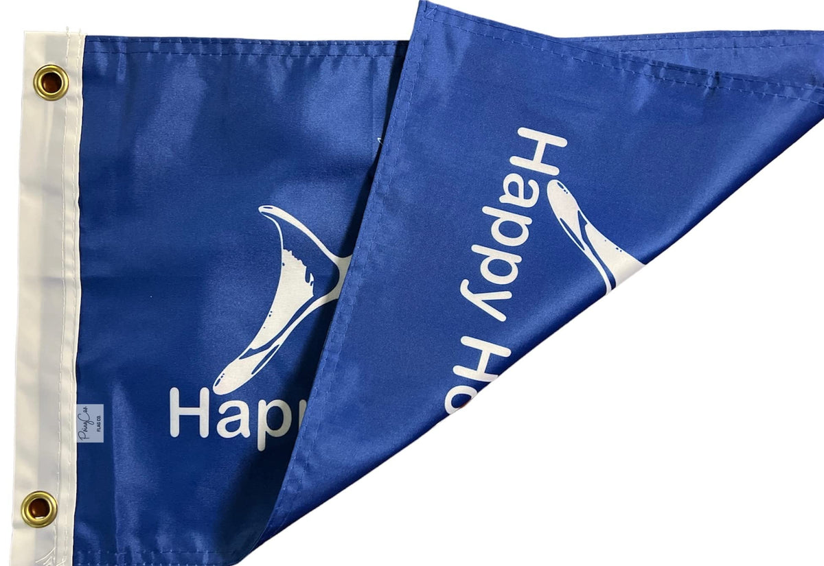 PringCor Happy Hour Fish blue flag back view, durable 100D polyester for boats and cabins