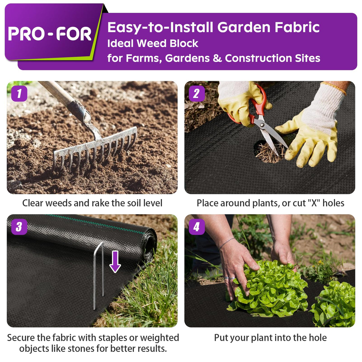 PRO-FOR weed barrier includes 10 U-shaped pegs for secure installation
