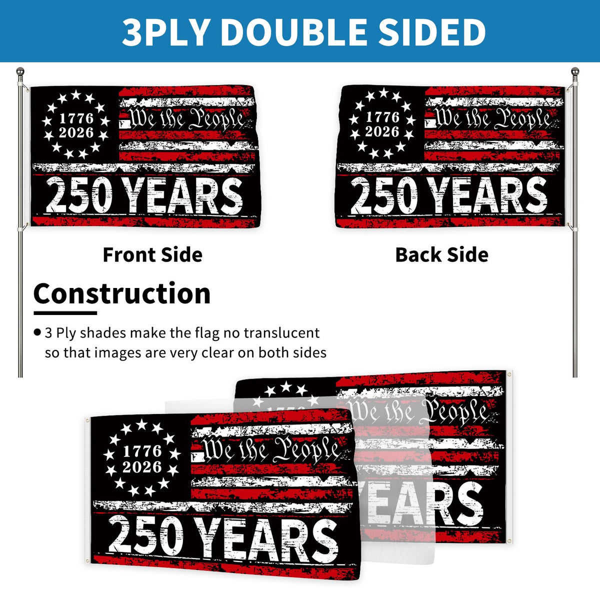 Probsin 250th Anniversary Flag back view ensures double-sided readability.