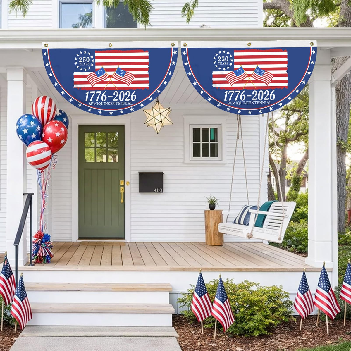 Probsin indoor-outdoor bunting enhances porch or fence decor