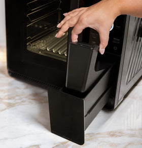 GE Profile Smart Indoor Pellet Smoker carbon black finish adds a sleek kitchen look
