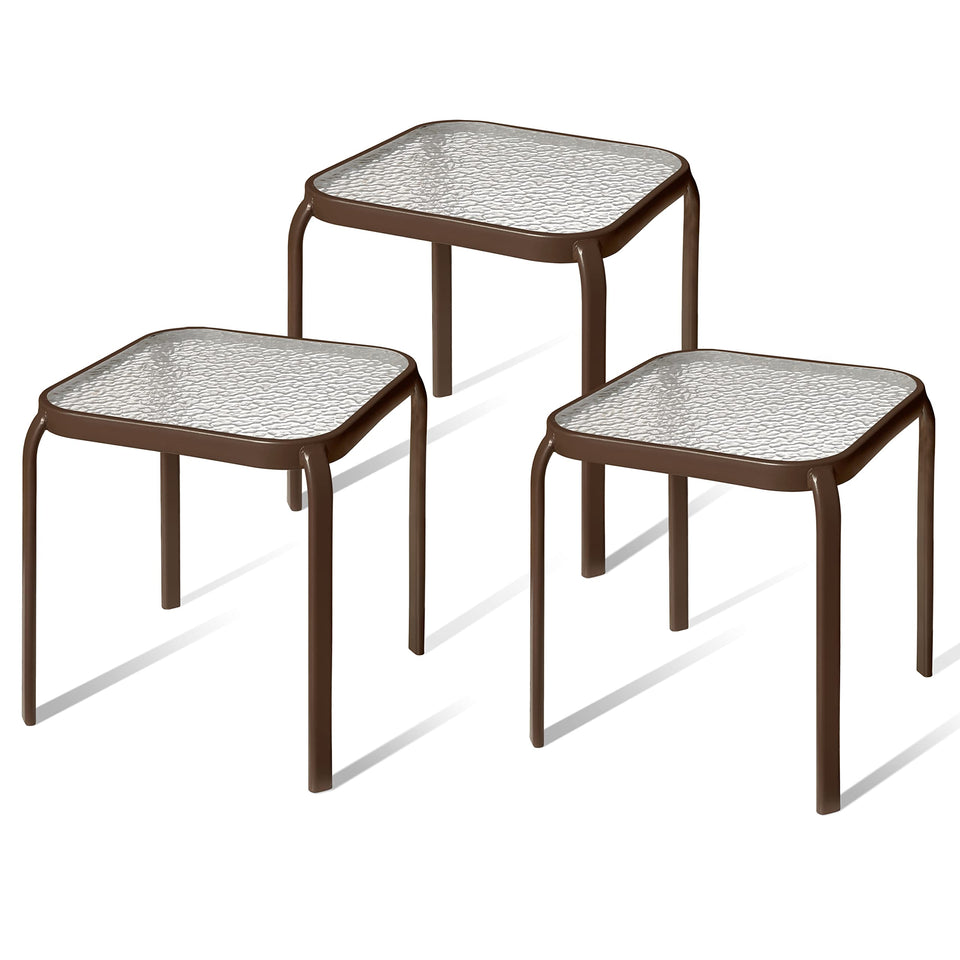 PROLISOK bronze outdoor side table set of 3 on a patio for drinks and decor.