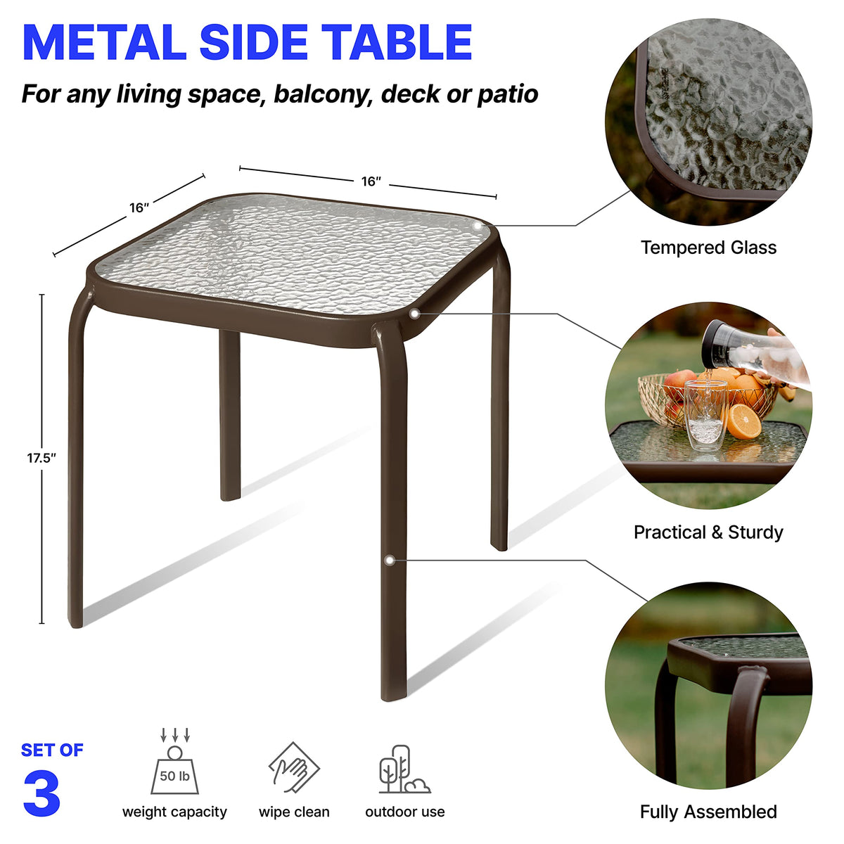 PROLISOK bronze side table with tempered glass top for easy cleanup beside seating.