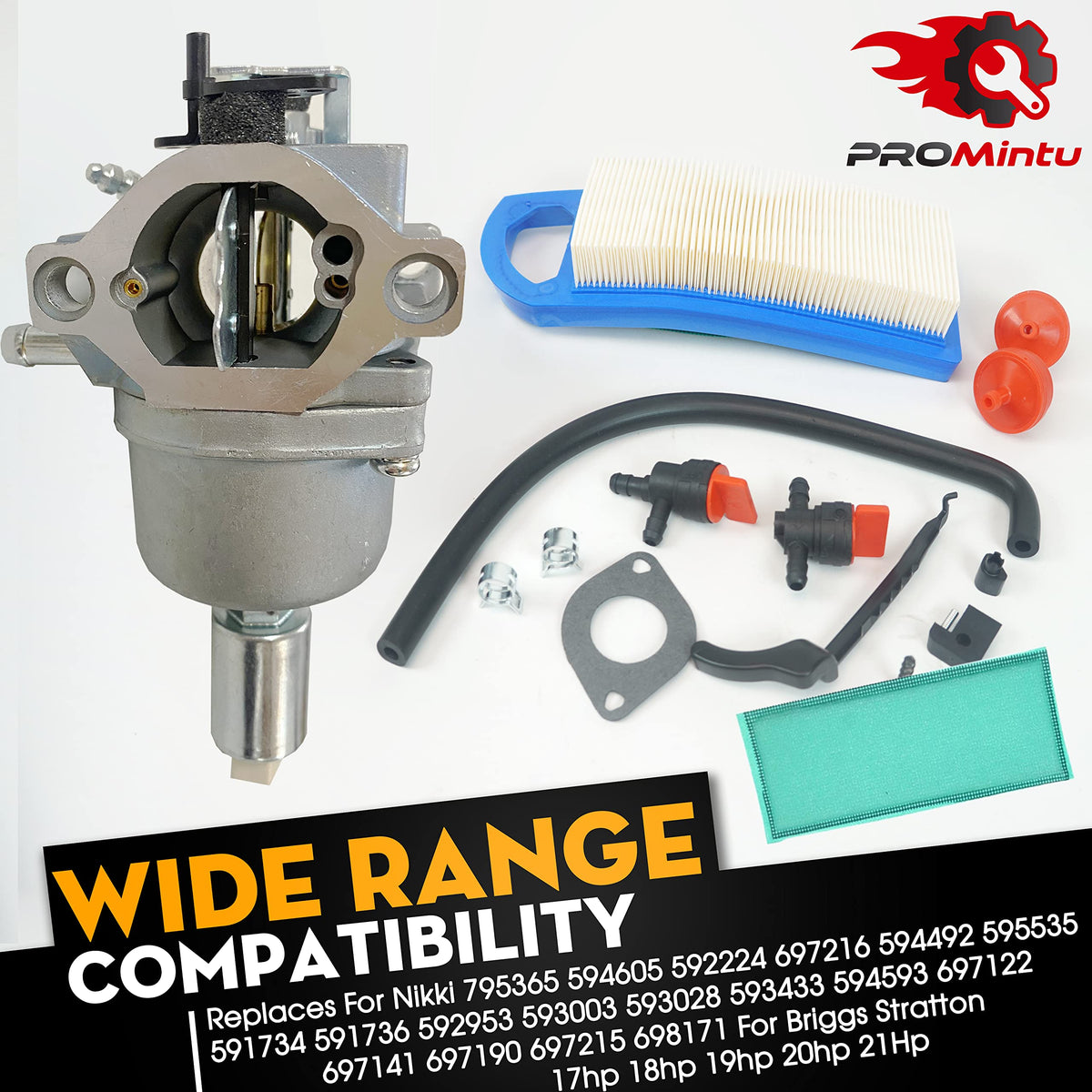 Promintu carburetor for Briggs Stratton, side view highlights robust construction