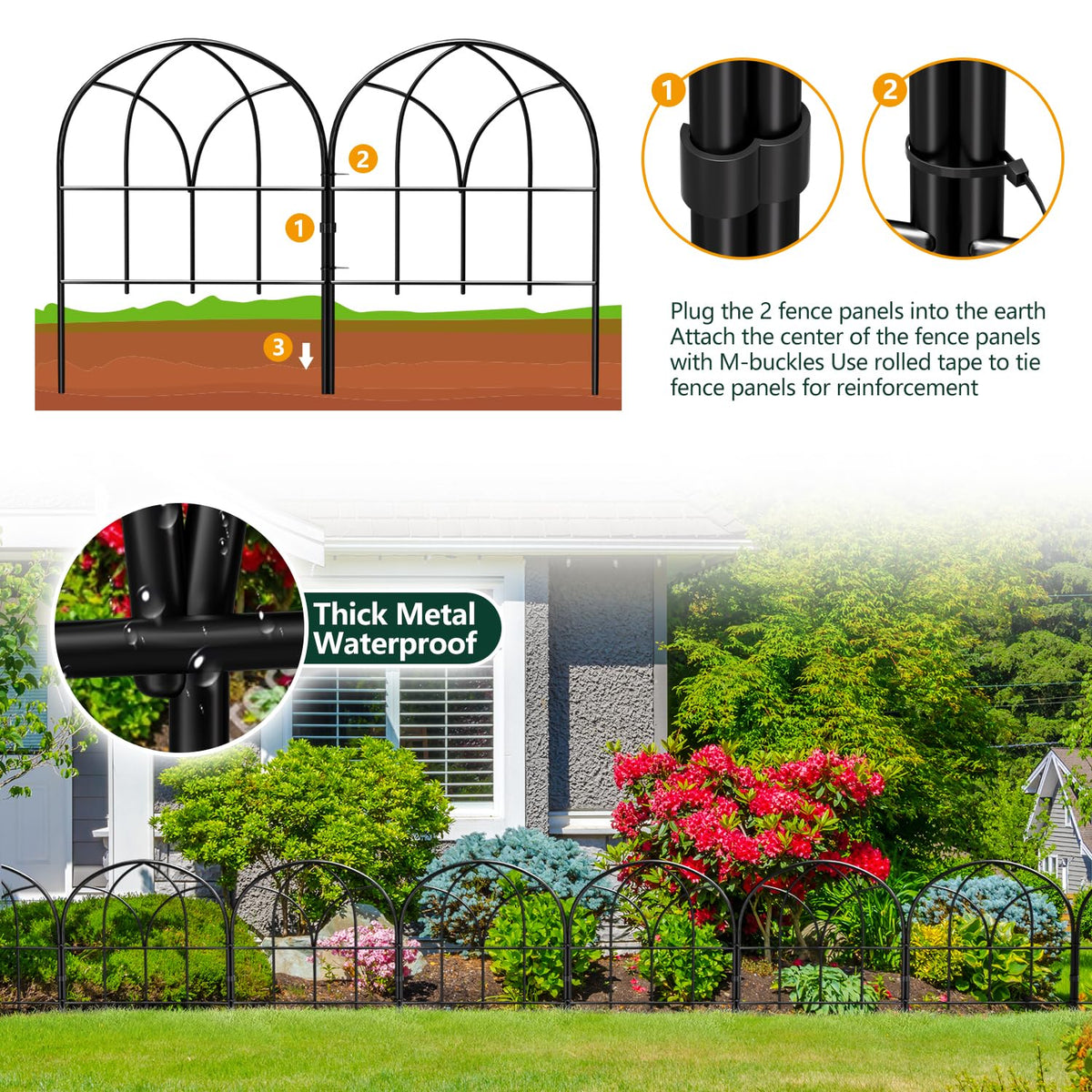 Promitop black metal fence panels form a sturdy boundary around a yard.