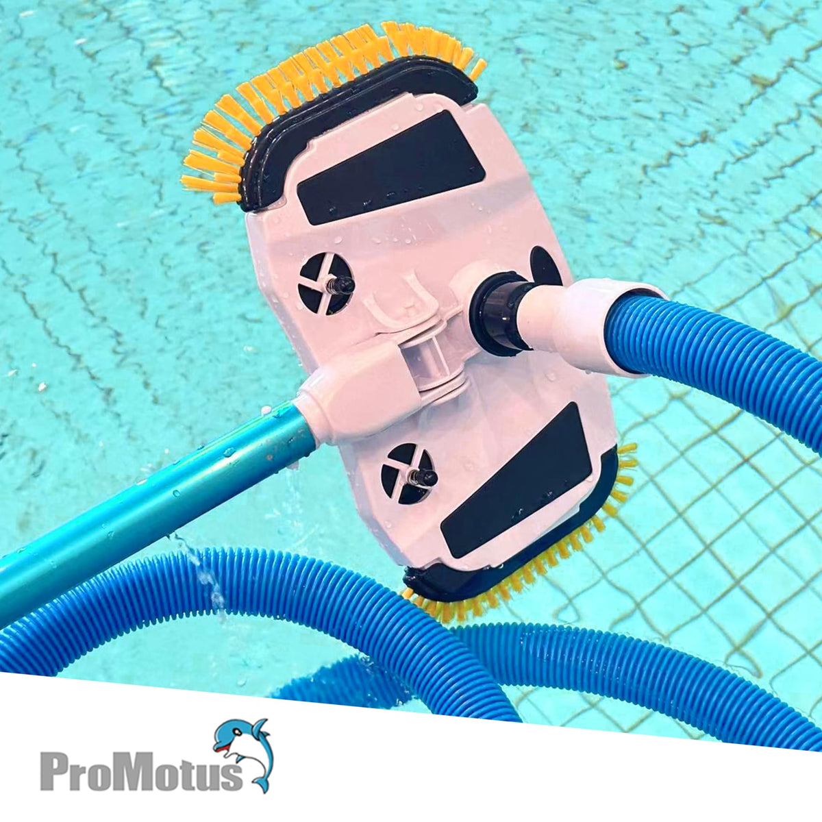 Promotus weighted head deep cleaning action on pool floor and coves.
