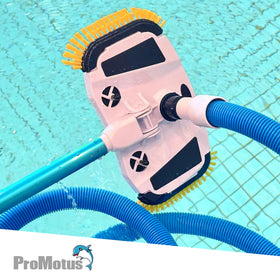 Promotus weighted head deep cleaning action on pool floor and coves.