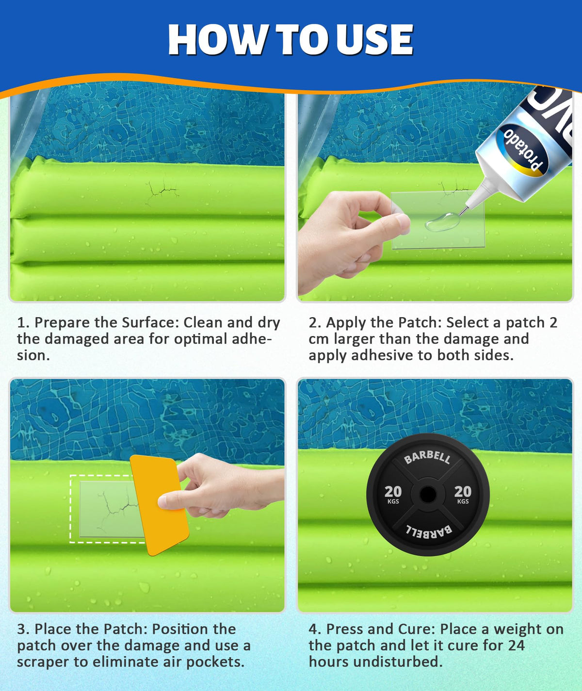 Protado patch kit used on pool liner outdoors for repairs
