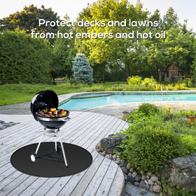 Protebox round fire pit mat offers deck protection for grass and patio.
