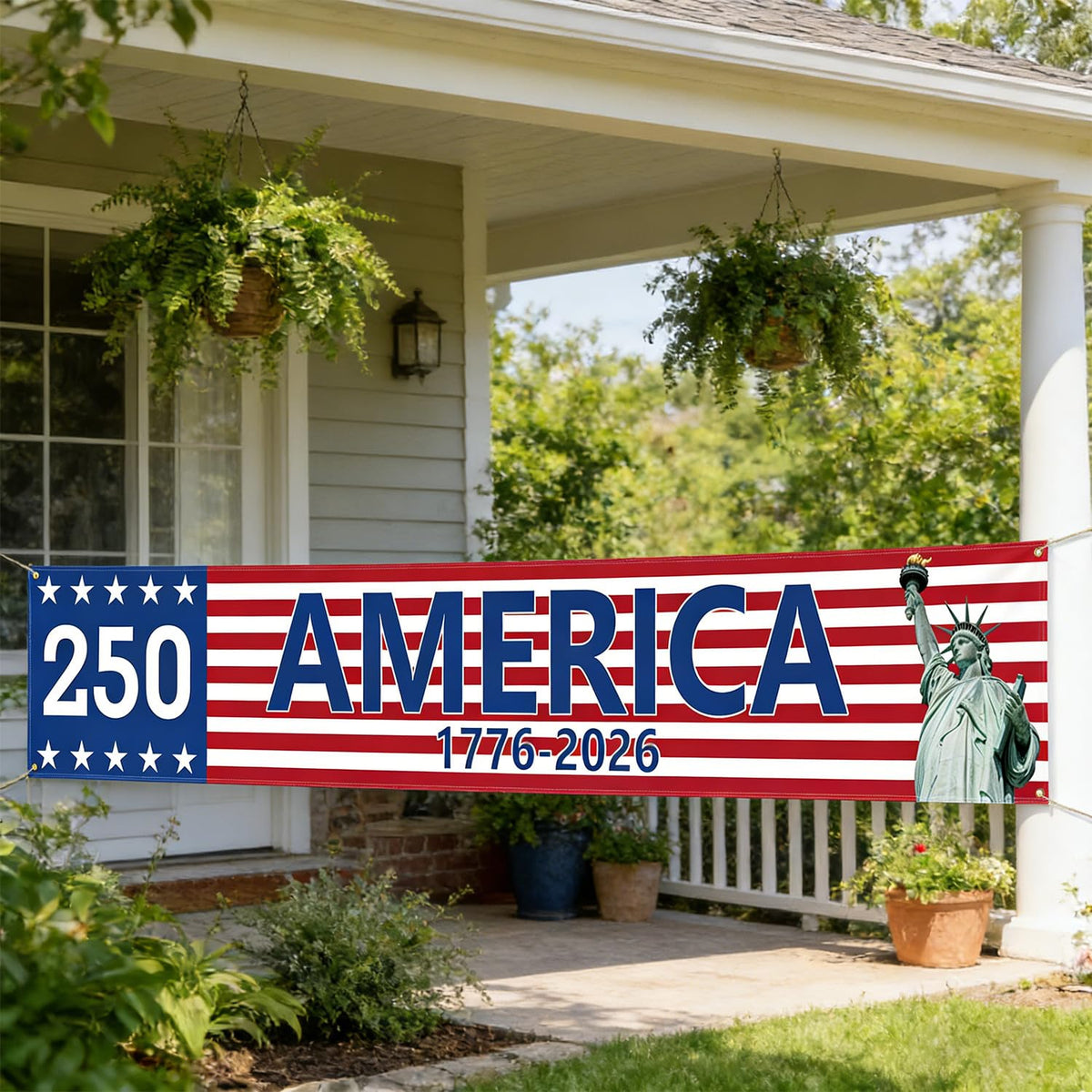 Prothens 116in Fourth of July banner creates bold patriotic focal point.