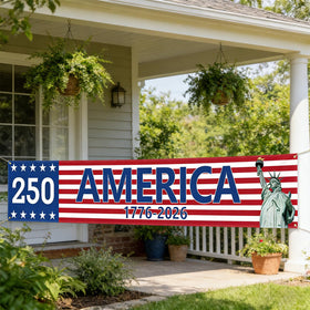 Prothens 116in Fourth of July banner creates bold patriotic focal point.