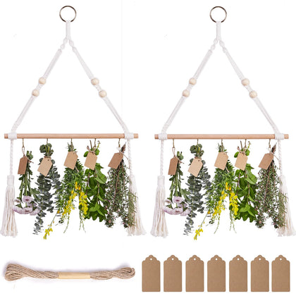 PROTITOUS herb drying rack hanging setup with adjustable hooks and Boho beads.