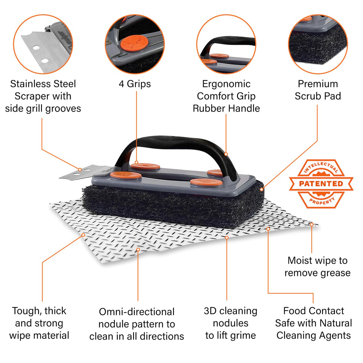 Proud Grill Q-Swiper omni-directional 3D nodules tackle stubborn grime on grates.