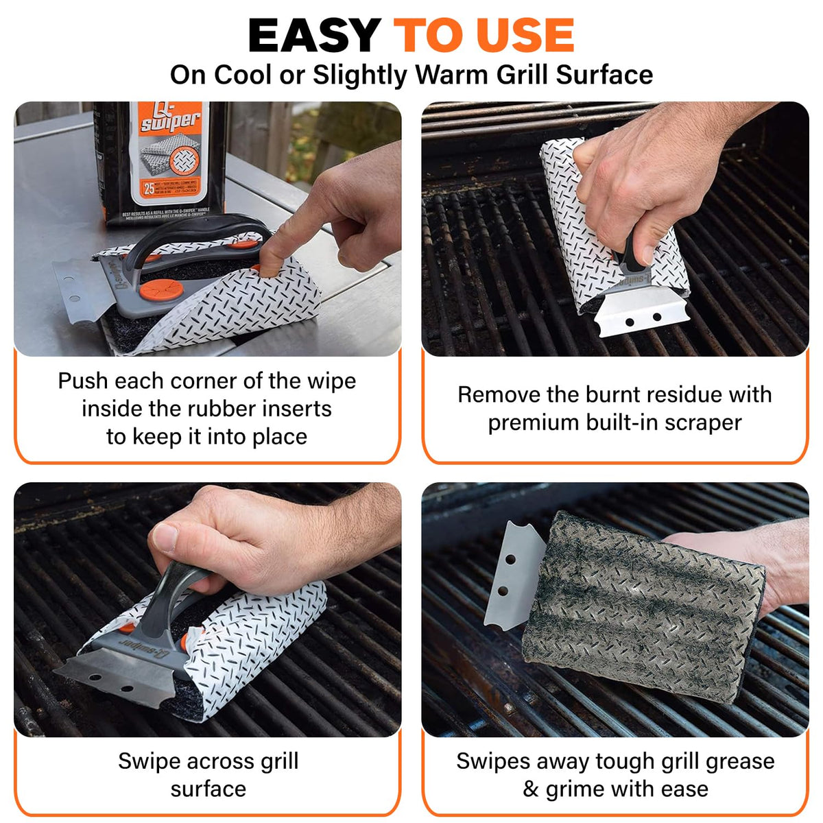 Proud Grill Q-Swiper moist wipes absorb grease for quick, mess-free cleanups.
