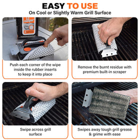 Proud Grill Q-Swiper moist wipes absorb grease for quick, mess-free cleanups.