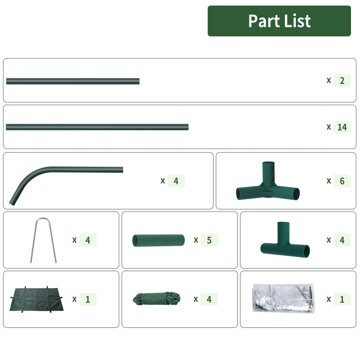 PROWORX mini greenhouse package contents including frame, cover, and stakes
