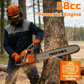 PROYAMA 58cc chainsaw 16-inch bar delivers smooth wood cutting and control.