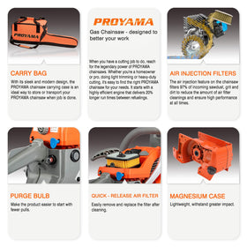 PROYAMA 58cc chainsaw chain brake enhances safety during operation.