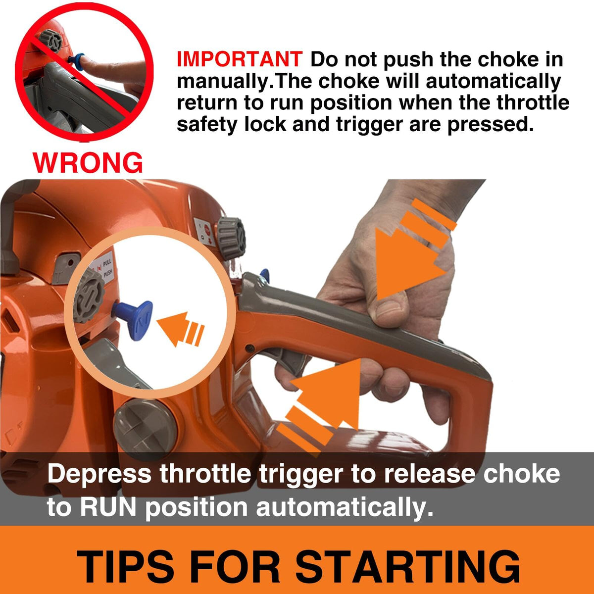PROYAMA 58cc chainsaw safety switch prevents accidental starts.