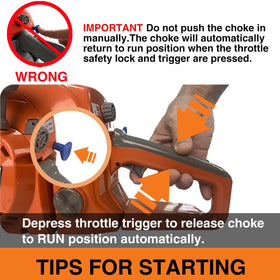 PROYAMA 58cc chainsaw safety switch prevents accidental starts.
