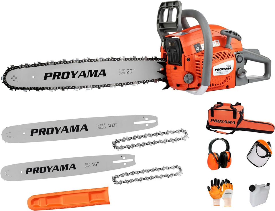 PROYAMA 58cc chainsaw start mechanism enables quick ignition for outdoor work.
