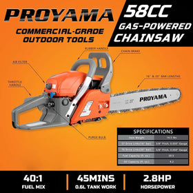 PROYAMA 58cc chainsaw top-handle design offers agile maneuverability for precise cuts.
