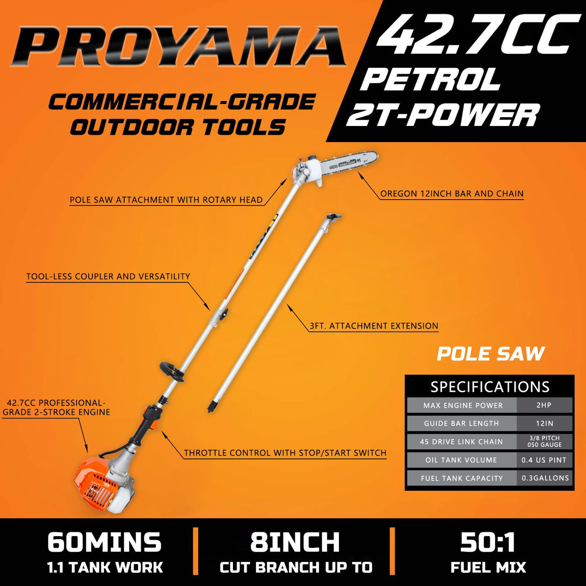 PROYAMA 15ft reach extension allows pruning tall branches safely from ground.