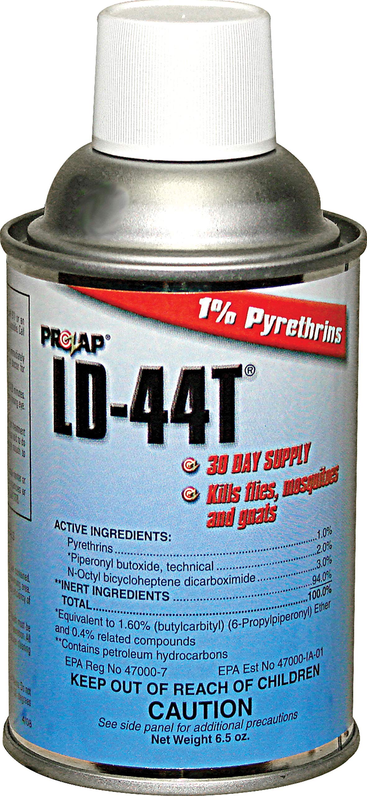 Prozap LD-44T insecticide refill bottle close-up showing 6.5 oz capacity for easy refills