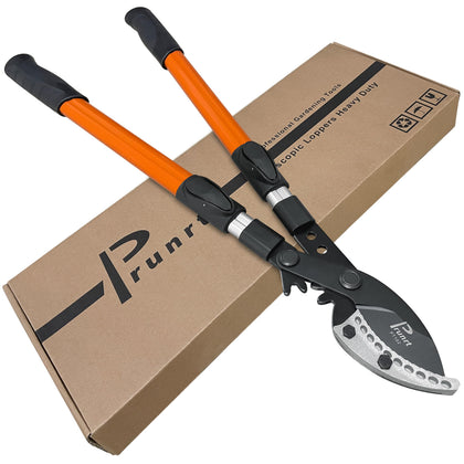 Prunrt loppers with telescopic handles reach high branches with ease.