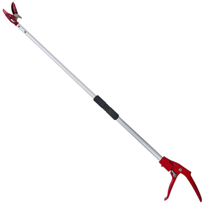 Prunrt tree trimmer with four-foot pole enables easy high-branch pruning.