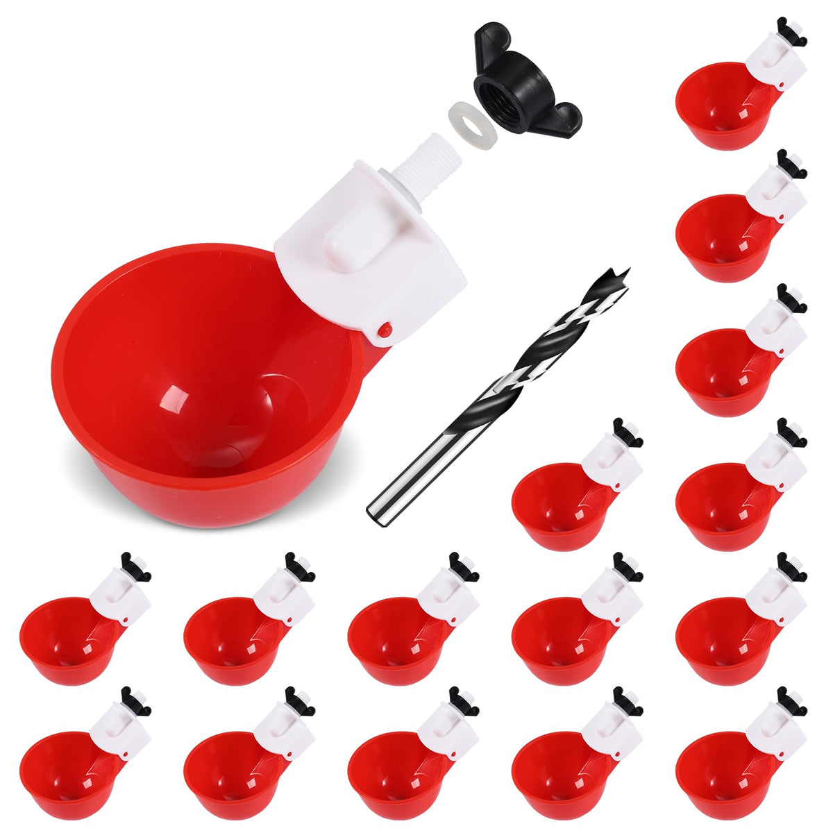 Psarnuk chicken waterer cups 16-pack red for reliable flock hydration.