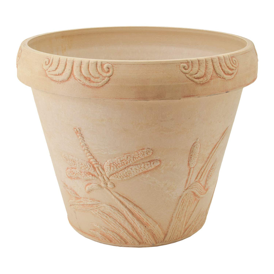 PSW Pot Collection dragonfly planter beige shown outdoors, lightweight and weather resistant.