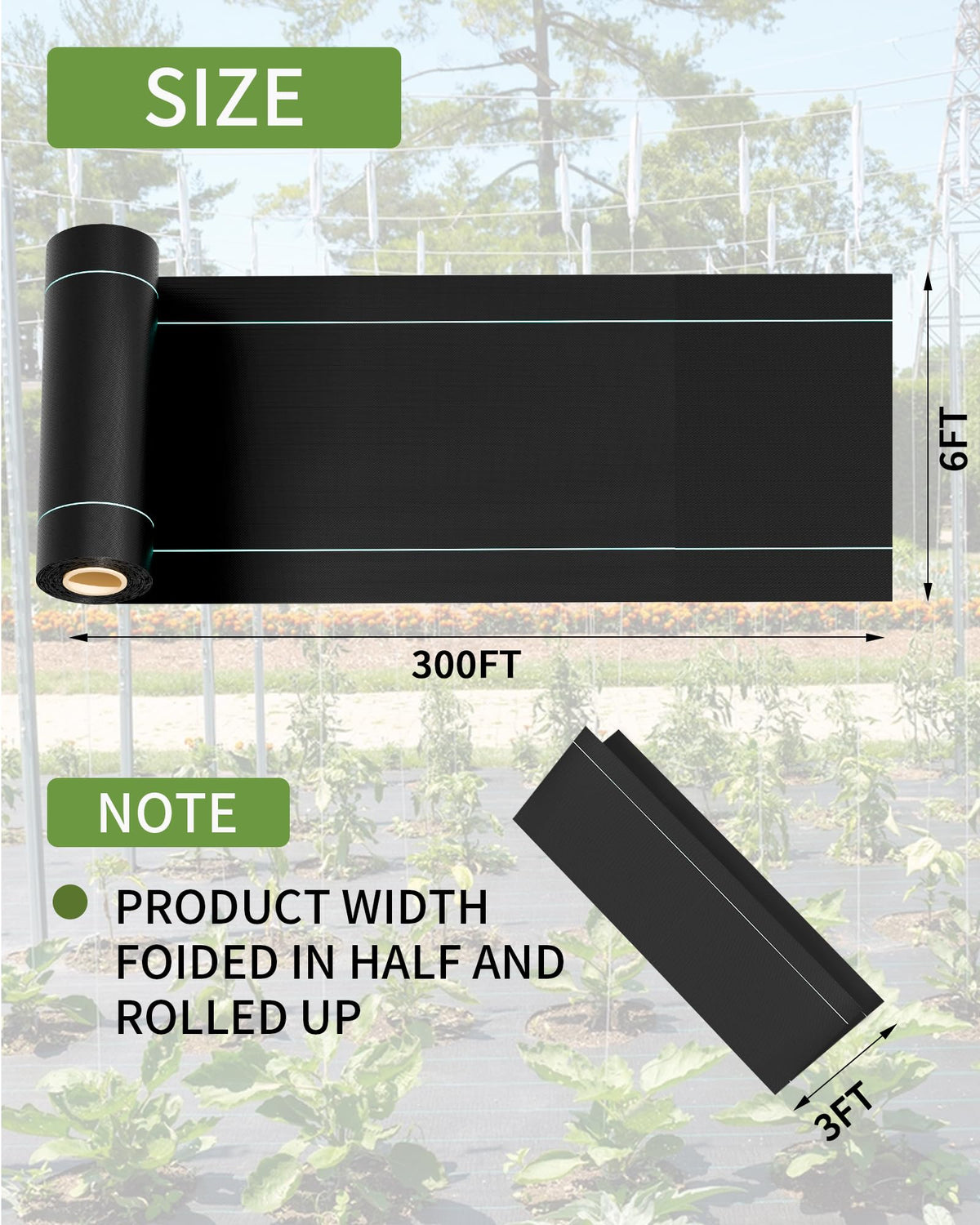 Pterying landscape fabric with green stripes facilitates precise alignment for easy setup