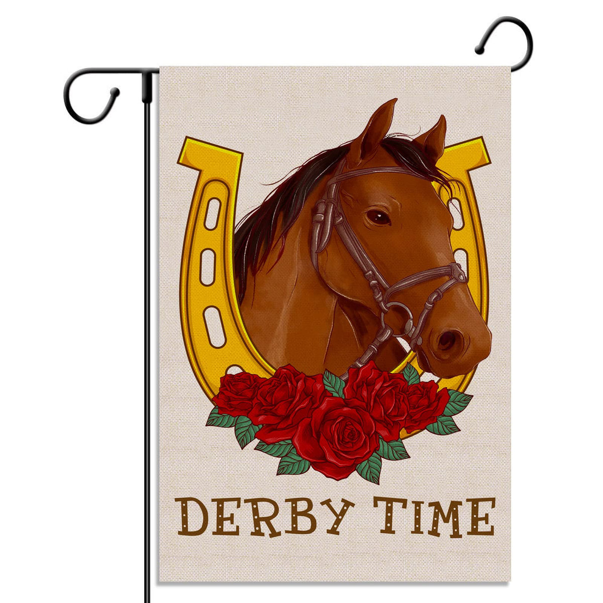 Pudodo Derby Time garden flag featuring Kentucky Run for the Roses, ideal for spring yard decor.