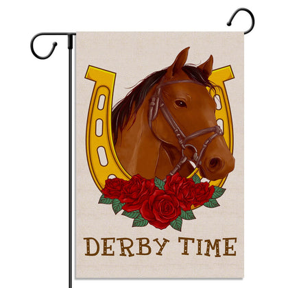 Pudodo Derby Time garden flag featuring Kentucky Run for the Roses, ideal for spring yard decor.
