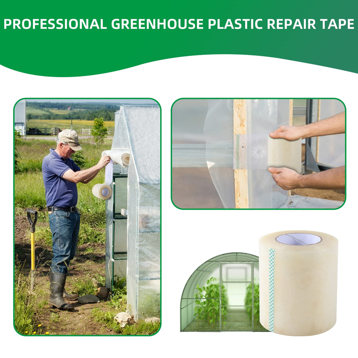 Pueatte repair tape wide strip applied on a greenhouse patch