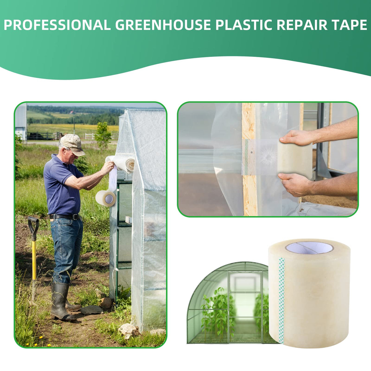 Pueatte greenhouse tape sealing a tear on a polyethylene cover for durability