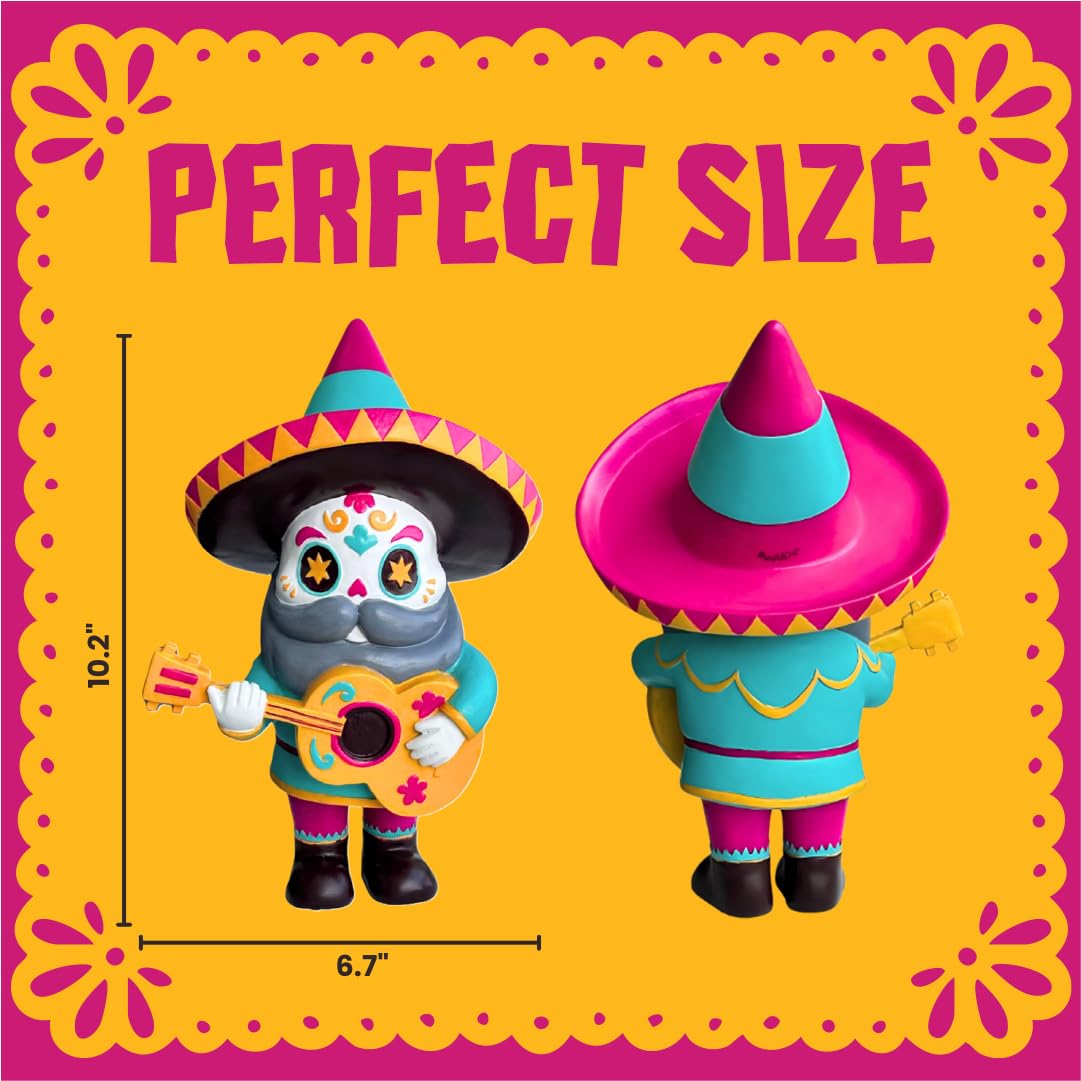 Pueblita El Mariachi gnome wearing Day of the Dead hat, festive garden focal point.